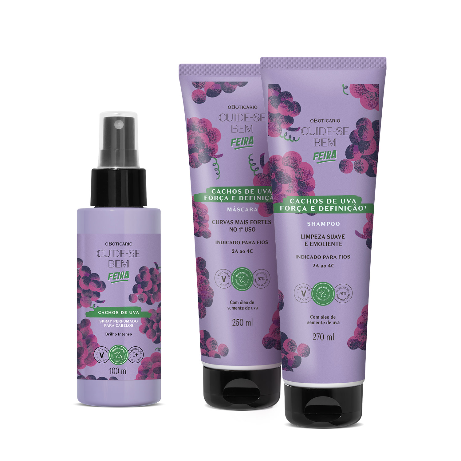 Combo Cuide-se Bem Cachos de Uva: Shampoo 270ml + Máscara Capilar 250ml +Spray Perfumado Capilar 100ml