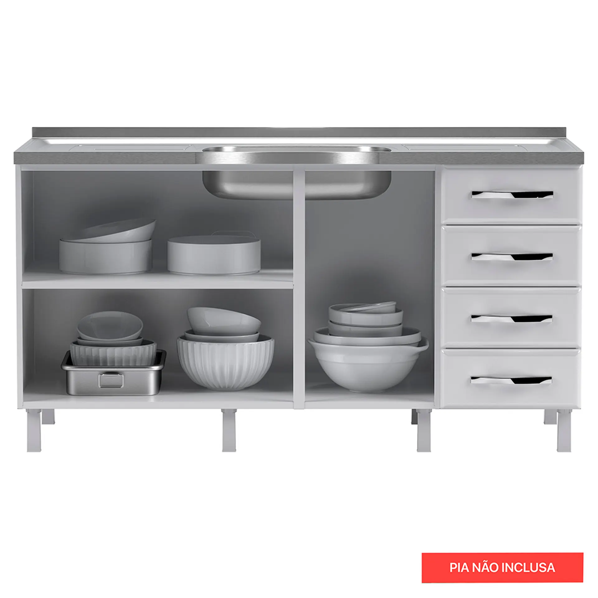Balcão sem Tampo 3 Portas 4 Gavetas 160cm Star Telasul em Aço - Branco