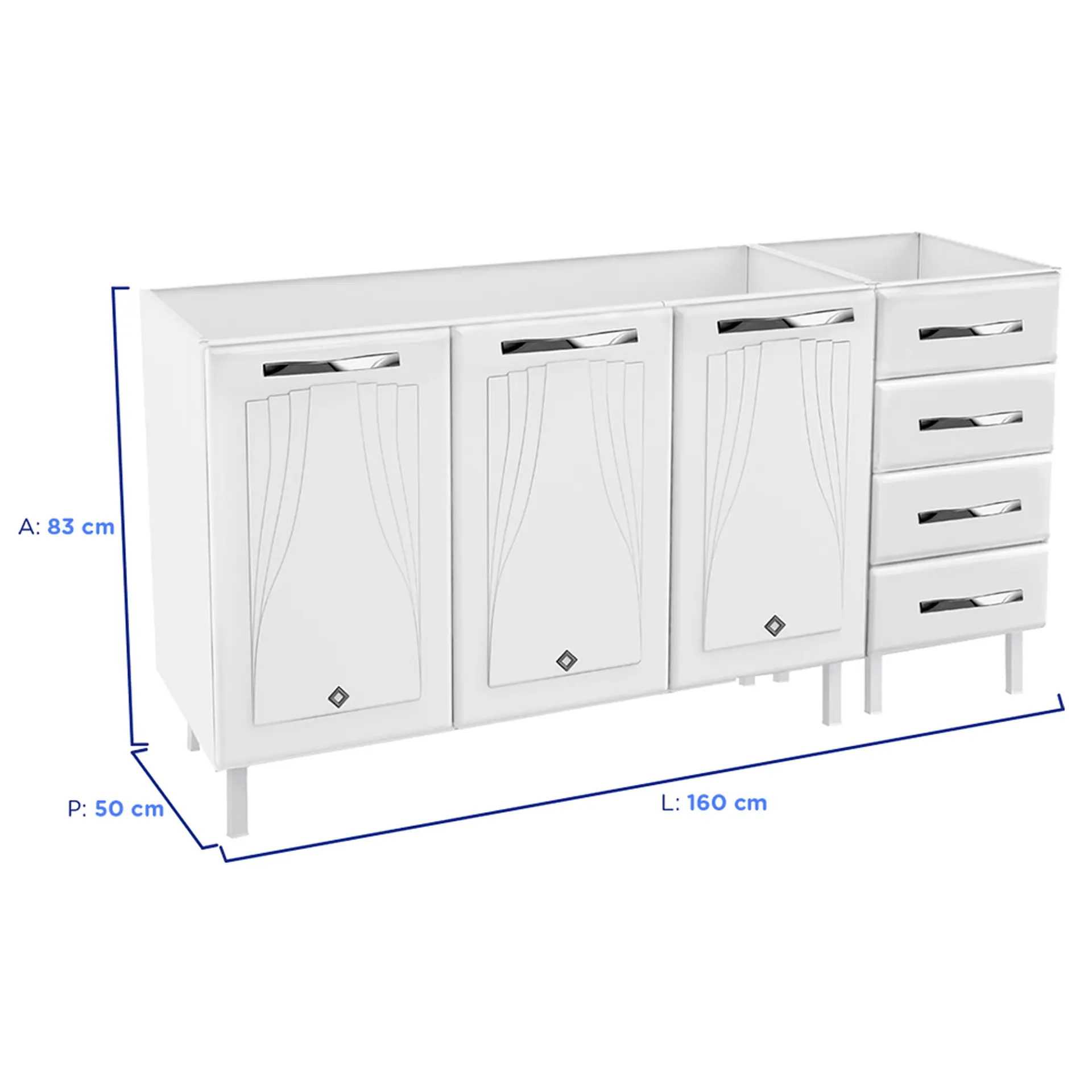 Balcão sem Tampo 3 Portas 4 Gavetas 160cm Star Telasul em Aço - Branco