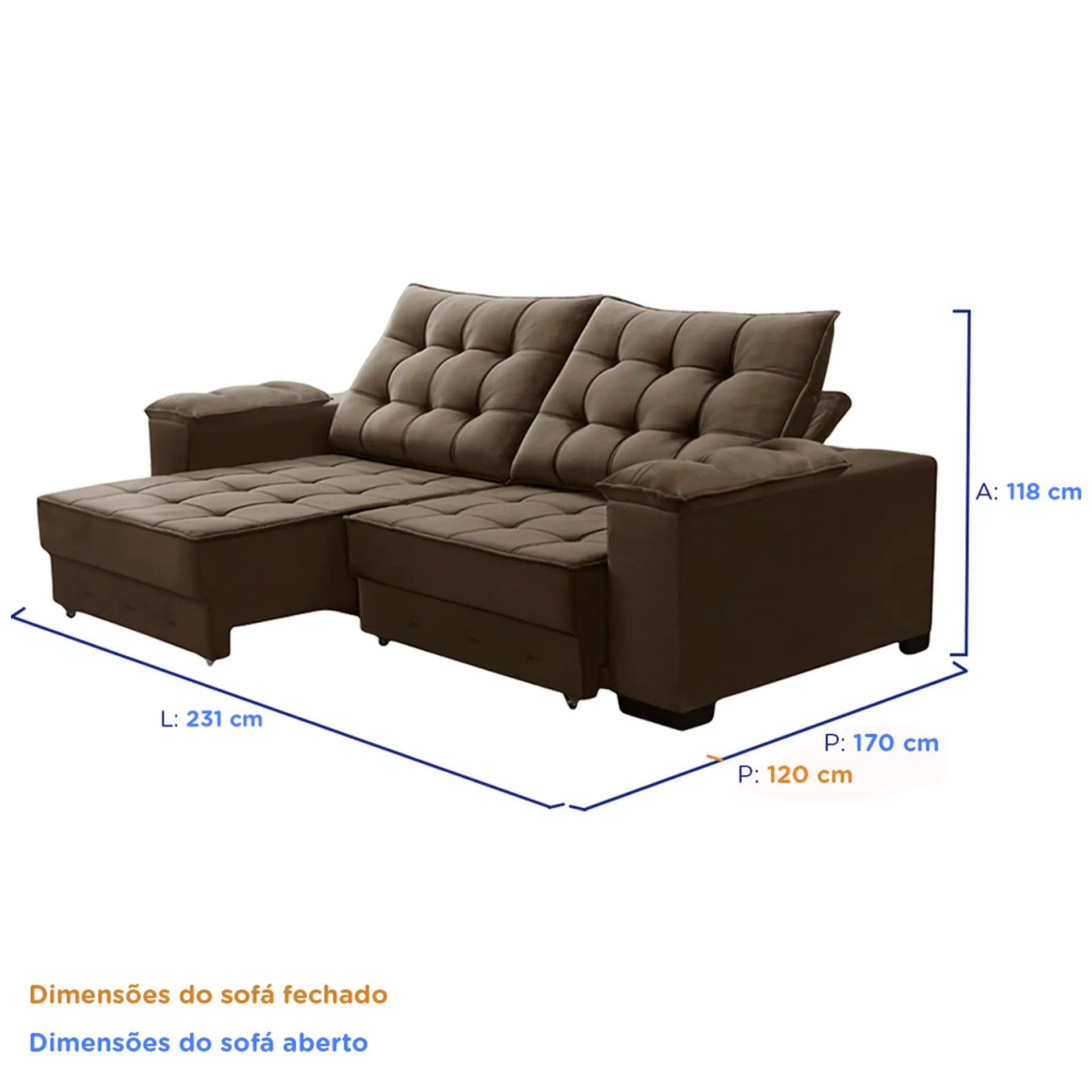 Sofá Retrátil e Reclinável 230cm Toronto Jandaia - Marrom