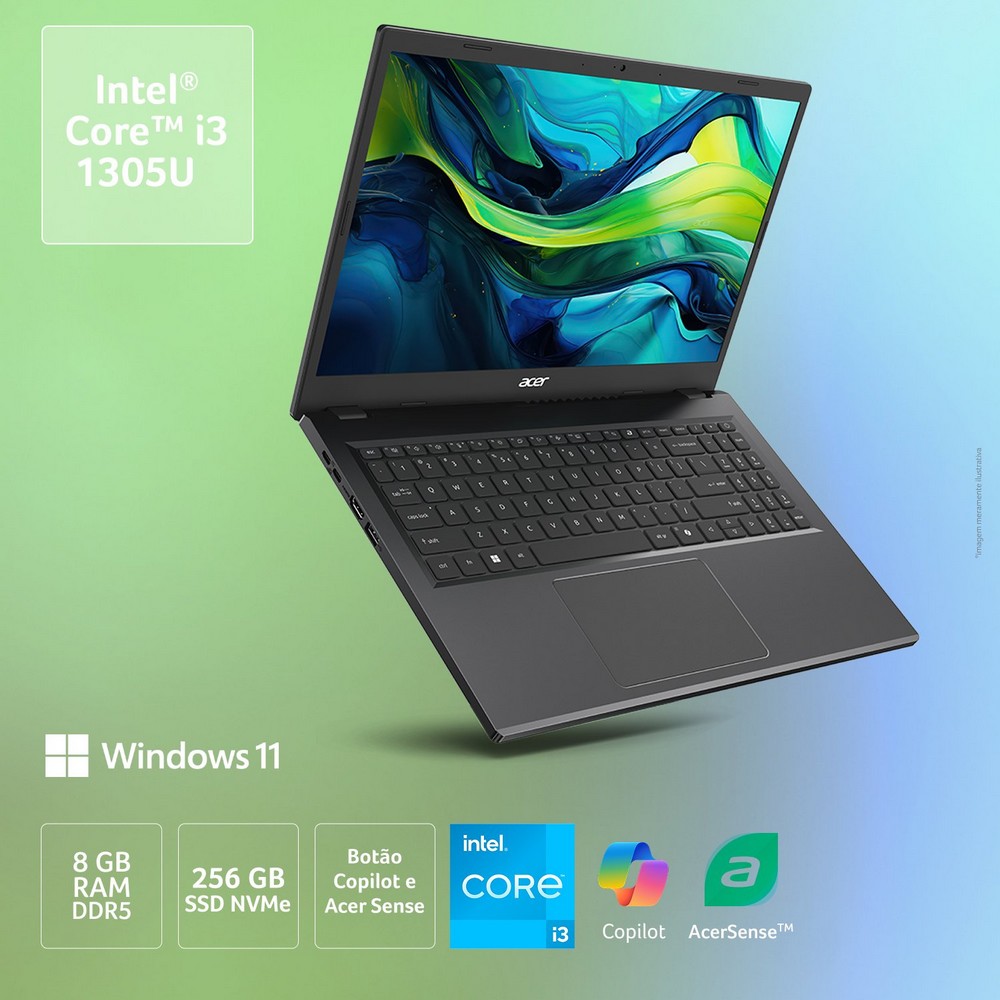 Notebook Acer AG1551P39MU Core i3 1305U 8GB SSD 256GB Monitor 15 Windows 11 Home