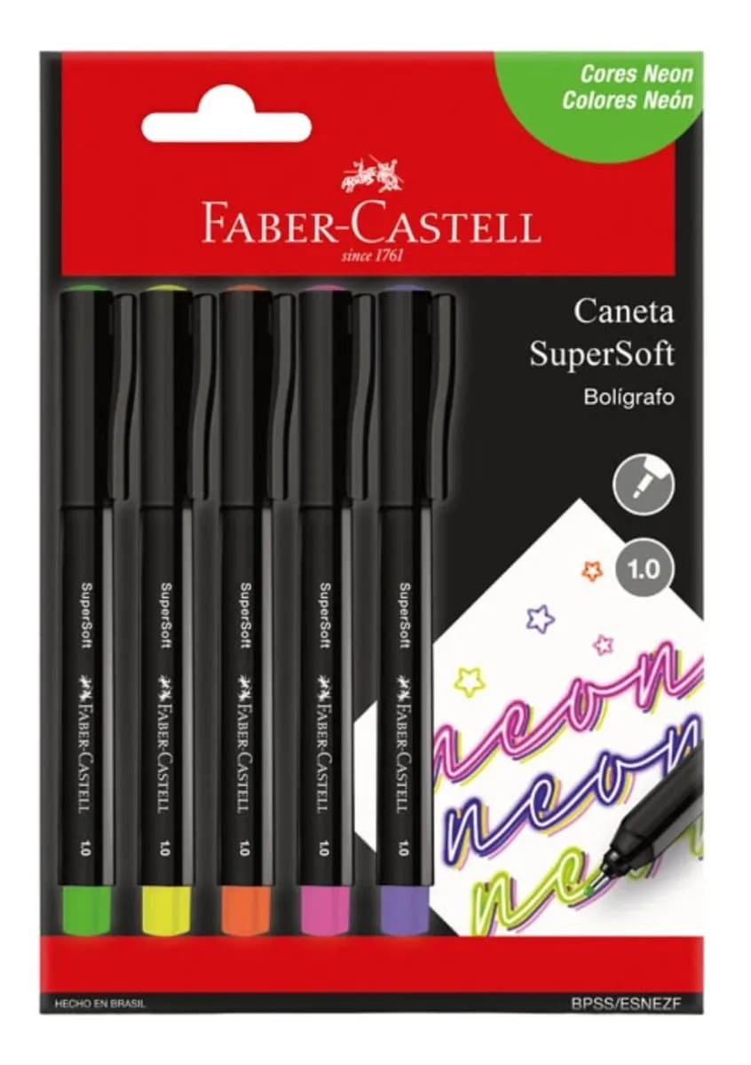 Caneta Faber Castell Supersoft Pen 1.0mm com 5 Unidades Neon