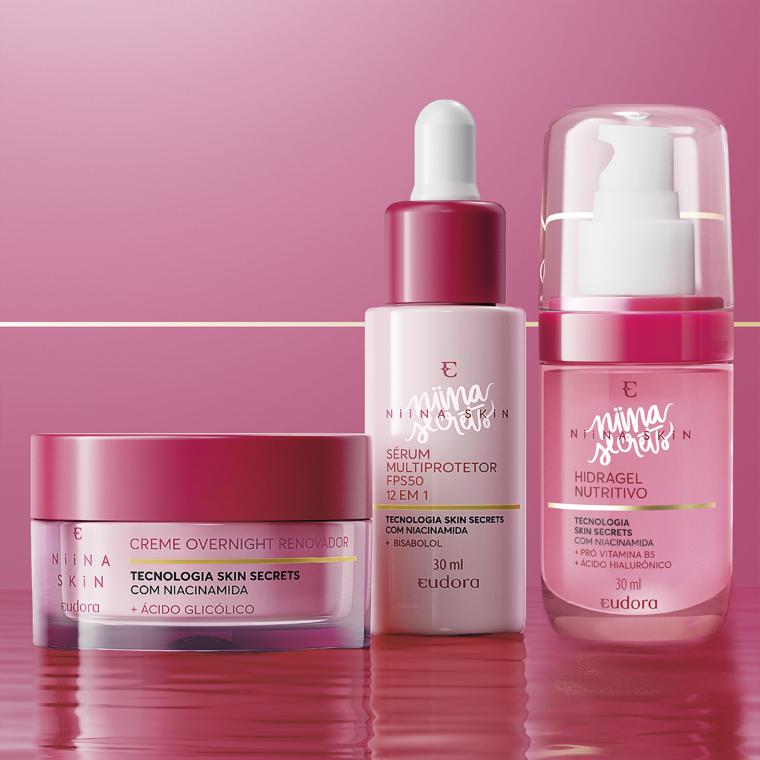 Combo Niina Skin: Hidragel Nutritivo 30ml + Sérum Facial 30ml + Creme Overnight 45g