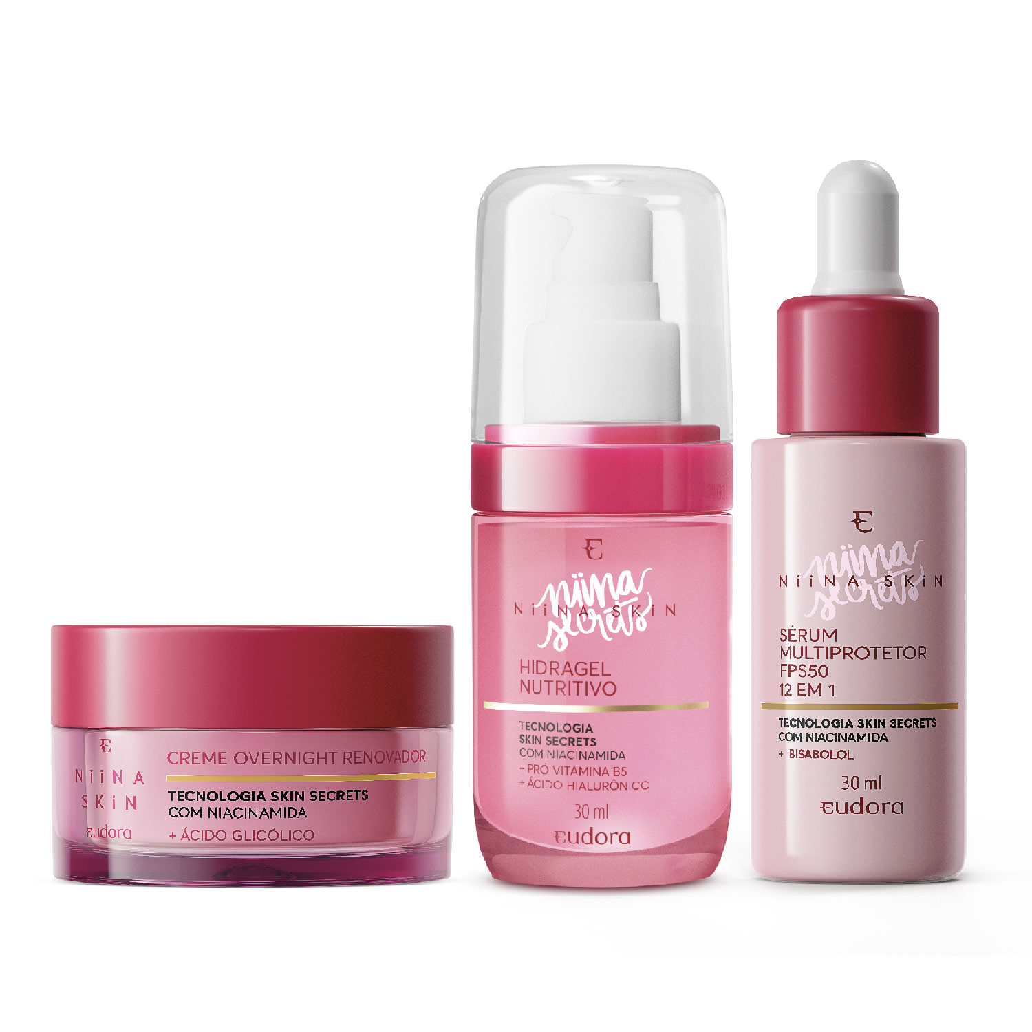Combo Niina Skin: Hidragel Nutritivo 30ml + Sérum Facial 30ml + Creme Overnight 45g