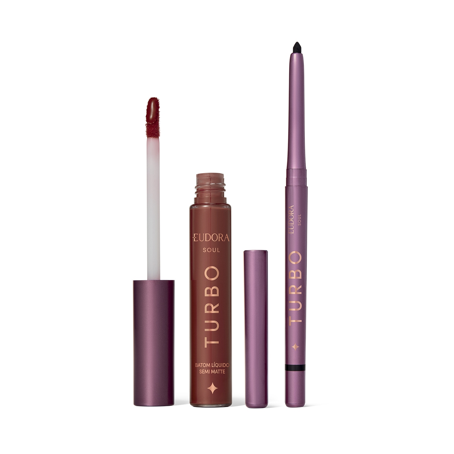 Combo Eudora Make: Batom Líquido Marrom Turbo Soul 5ml + Lapiseira Retrátil Para Olhos Preta Turbo Soul 350mg