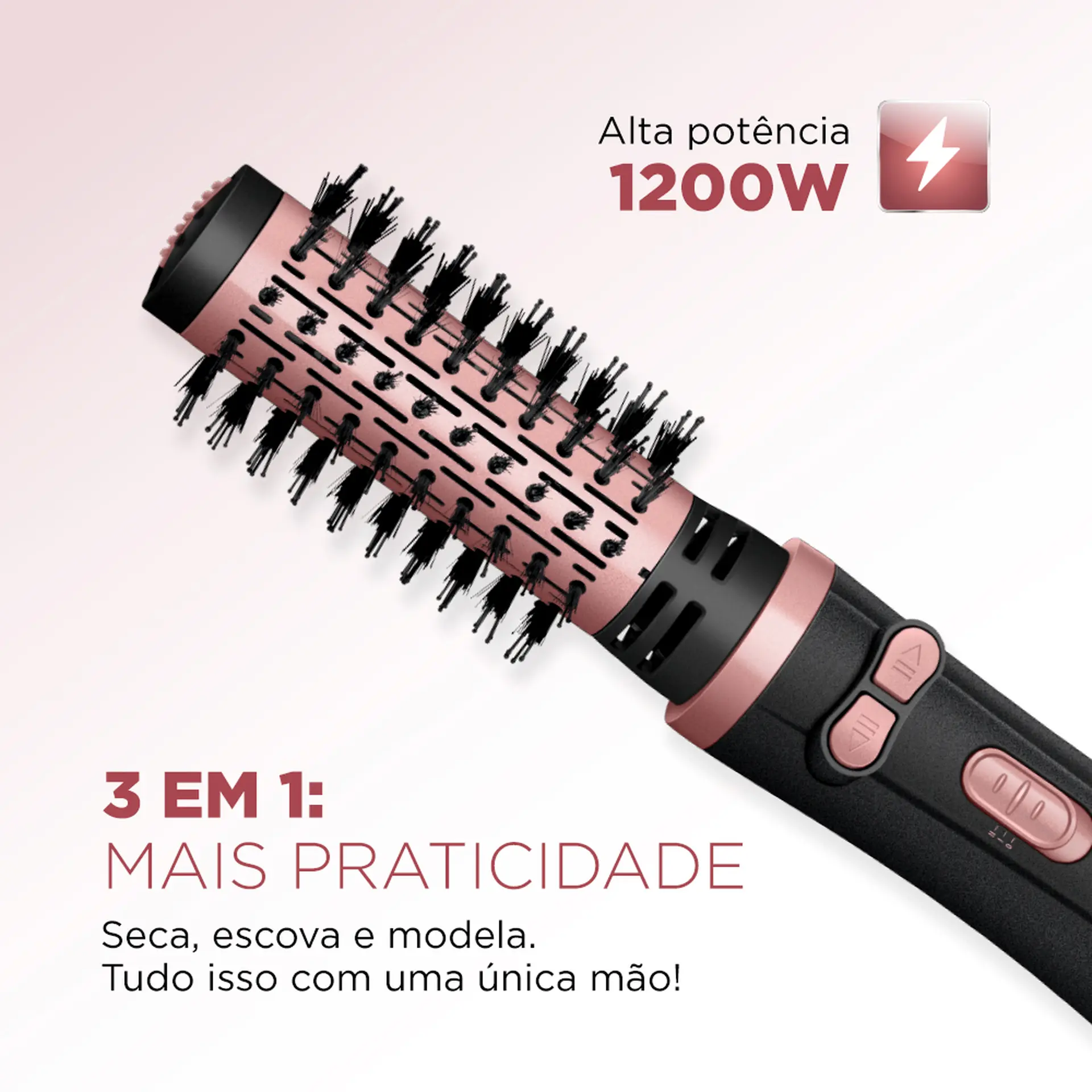 Escova Secadora Rotativa Mondial ERB-01 Tourmaline Íon 1200W - Preto/Golden Rose - Bivolt