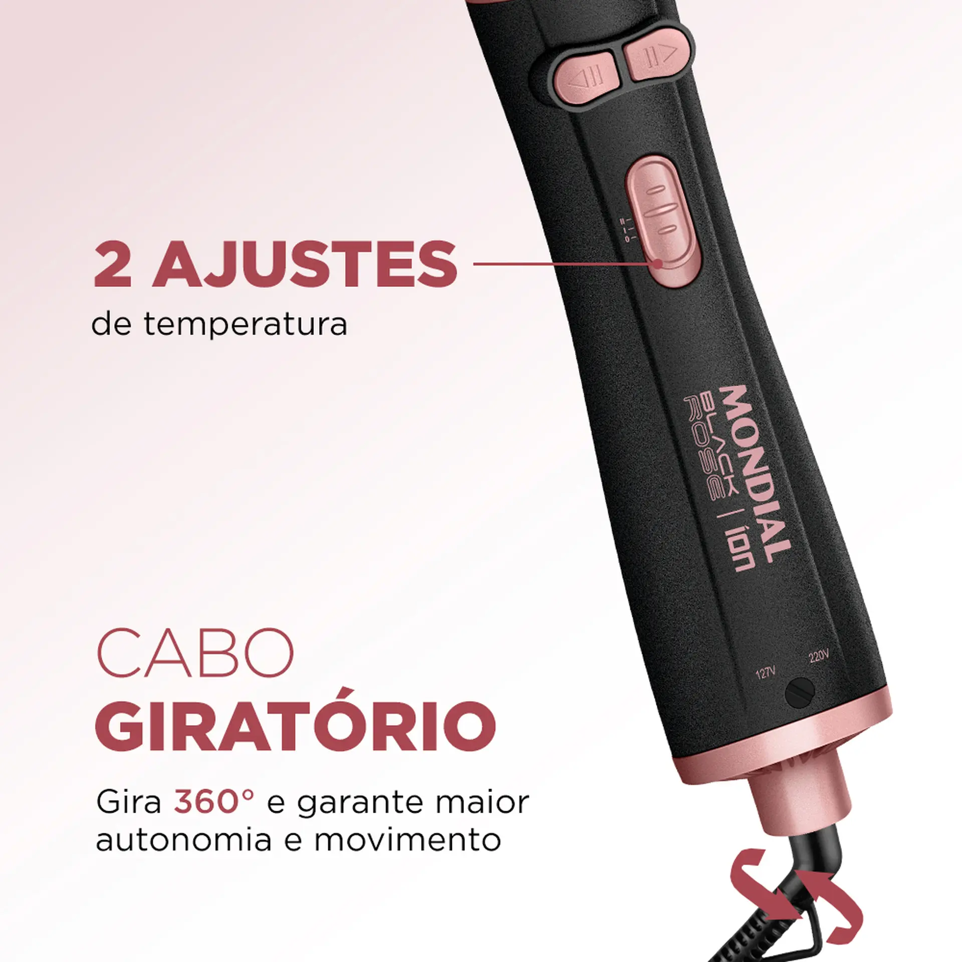 Escova Secadora Rotativa Mondial ERB-01 Tourmaline Íon 1200W - Preto/Golden Rose - Bivolt