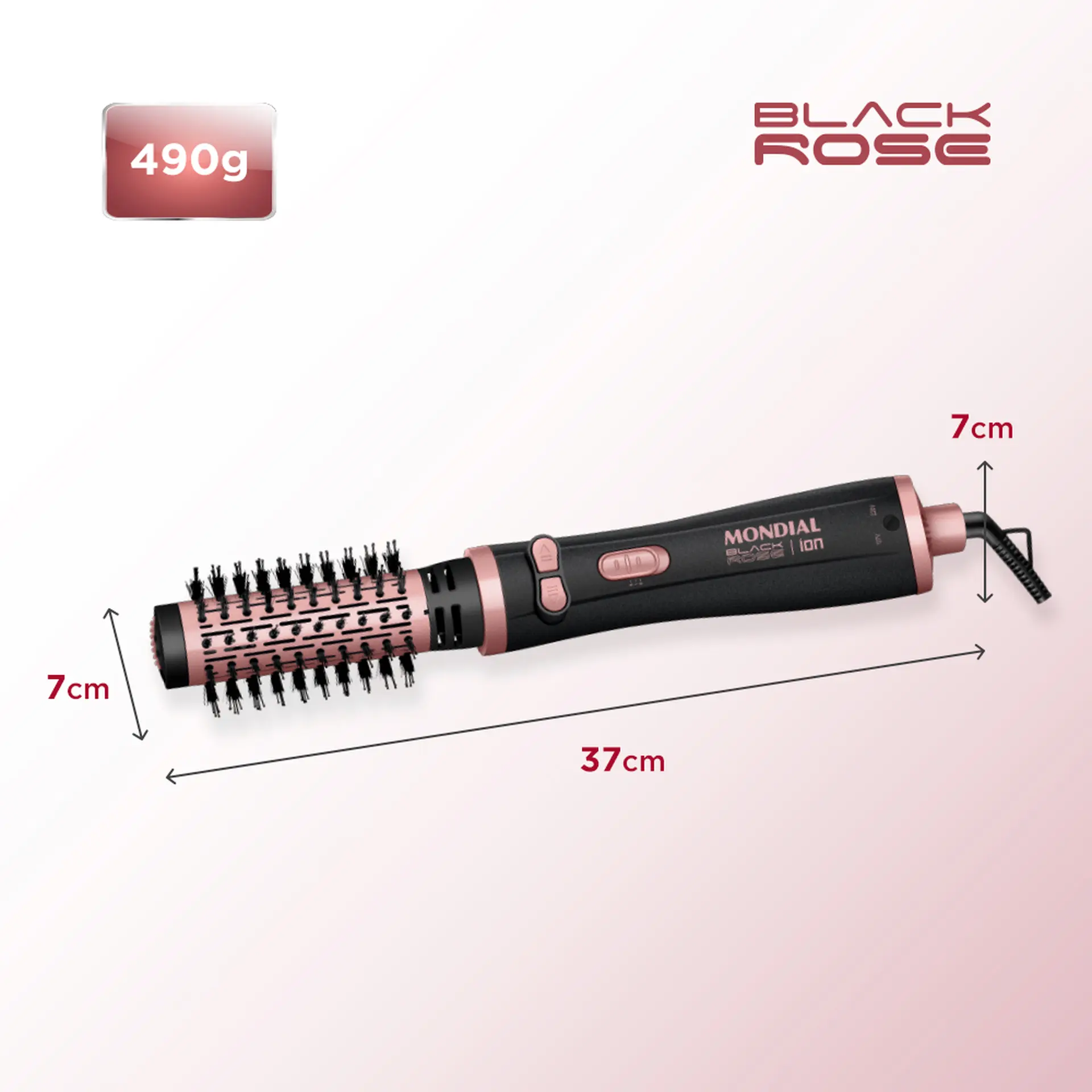 Escova Secadora Rotativa Mondial ERB-01 Tourmaline Íon 1200W - Preto/Golden Rose - Bivolt