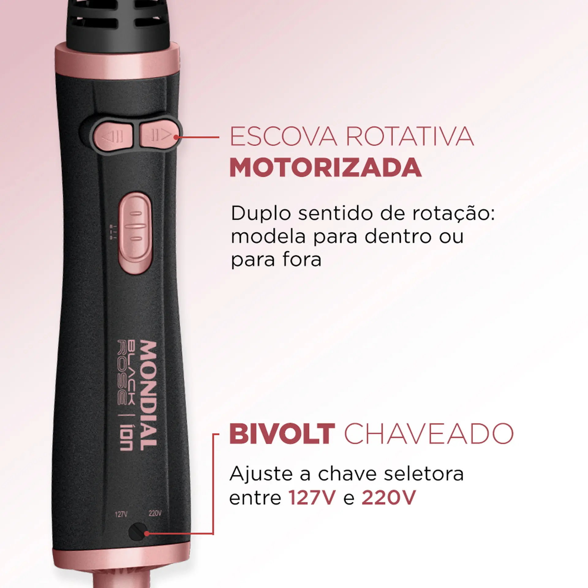 Escova Secadora Rotativa Mondial ERB-01 Tourmaline Íon 1200W - Preto/Golden Rose - Bivolt