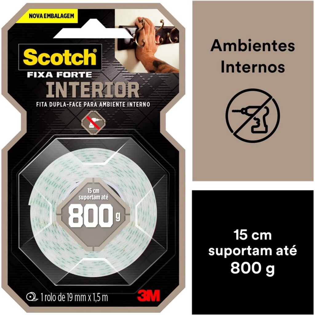 Fita Dupla Face de Espuma 19mm x 1,5 Metros Unitário Fixa Forte - Scotch 3M - HB004750194