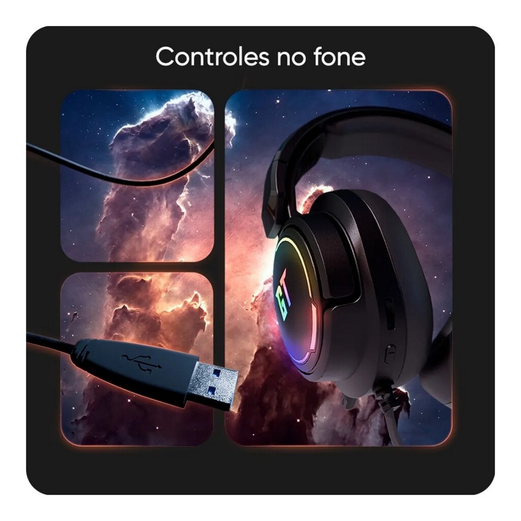 Fone de Ouvido Gamer Headset 7.1 NEBULA Goldentec Preto Conexão USB com Microfone - 60473