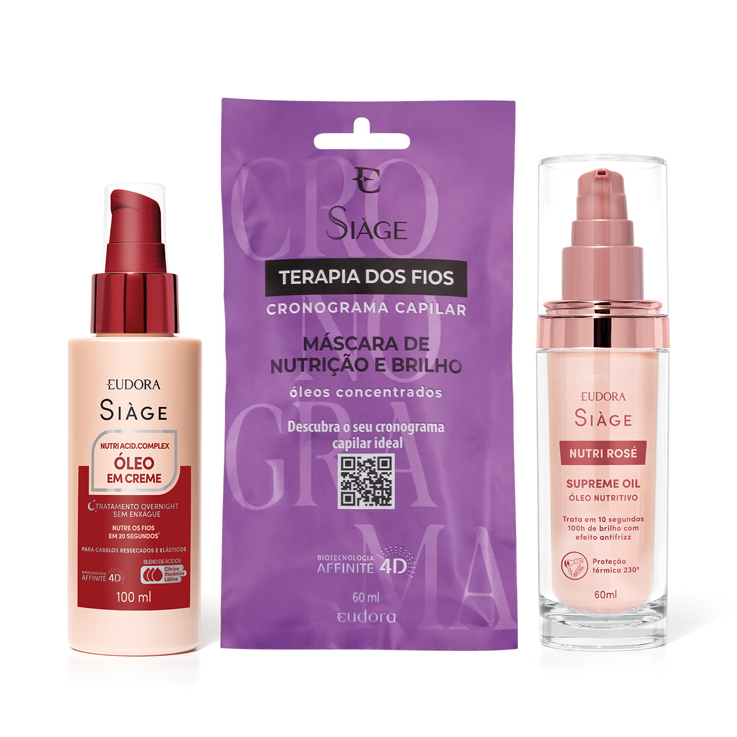 Combo Siàge Nutrição: Óleo Nutritivo 60ml + Óleo em Creme Acid. Complex 100ml + Máscara De Nutrição 60ml
