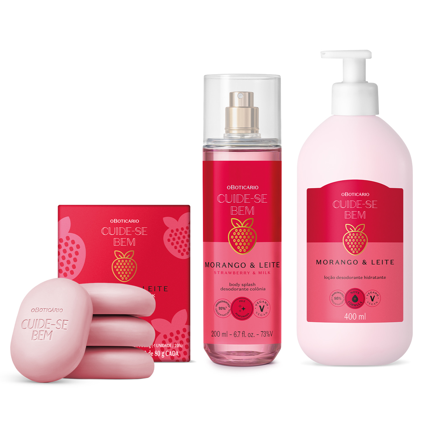 Combo Cuide-se Bem Morango e Leite: Loção Corporal 400ml + Body Splash 200ml + Sabonetes em Barra 4x80g cada