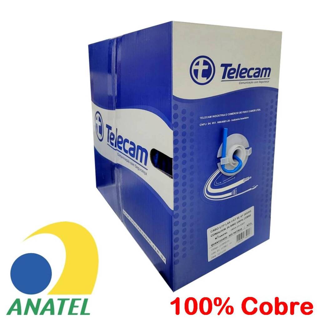 Cabo de Rede 24AWG Telecam Cat.5E 4 Pares Azul 210800101 Caixa 305m 100% Cobre Homologado ANATEL