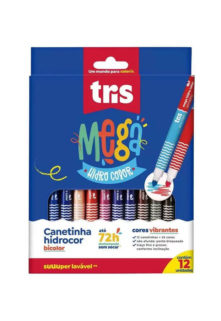 Caneta Hidrocor TRIS Ponta Dupla 24 Cores Dupla Mega