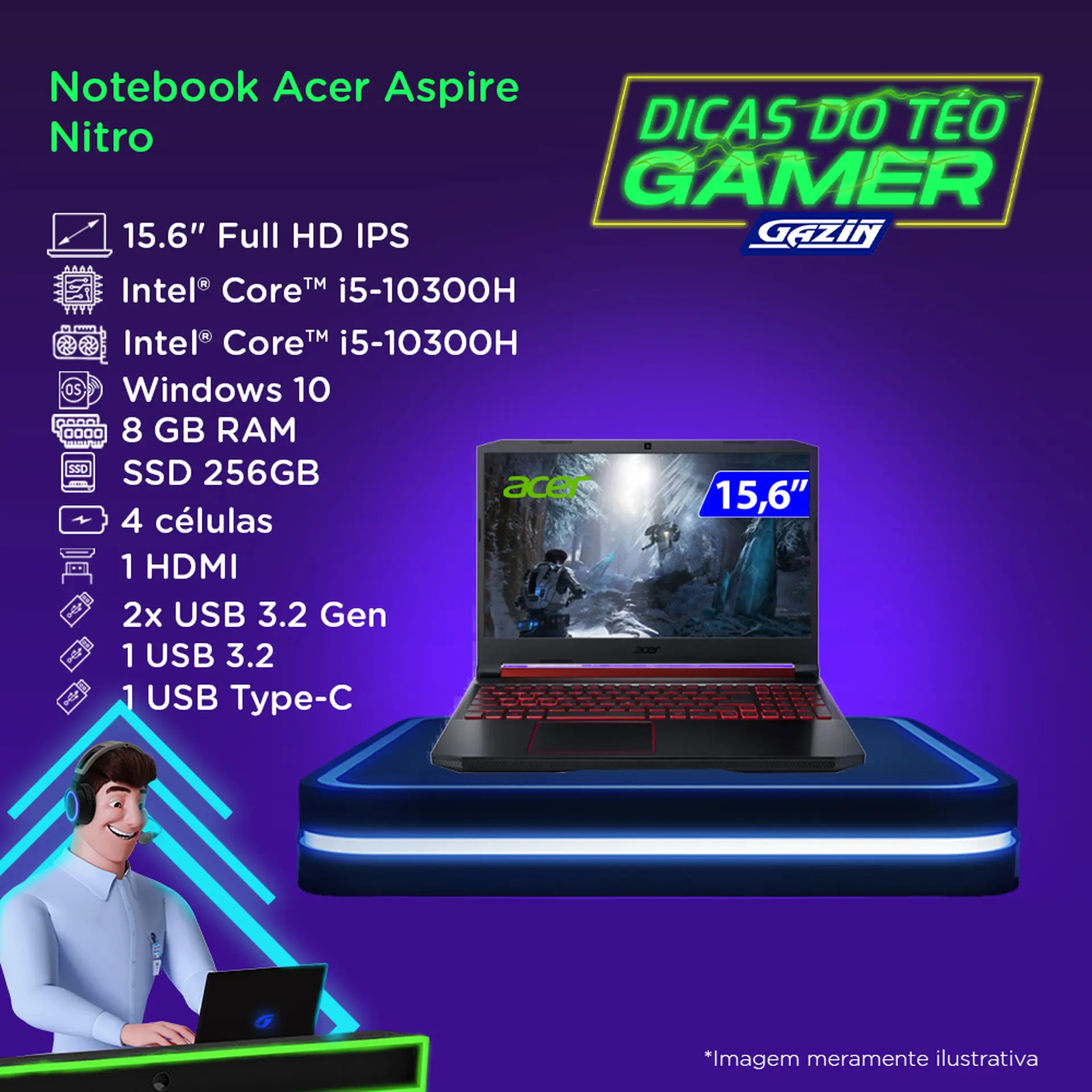 Notebook Gamer Acer Nitro 5 i5 W10 Home 8GB 256GB SSD 15,6" AN5155554L9 - Preto