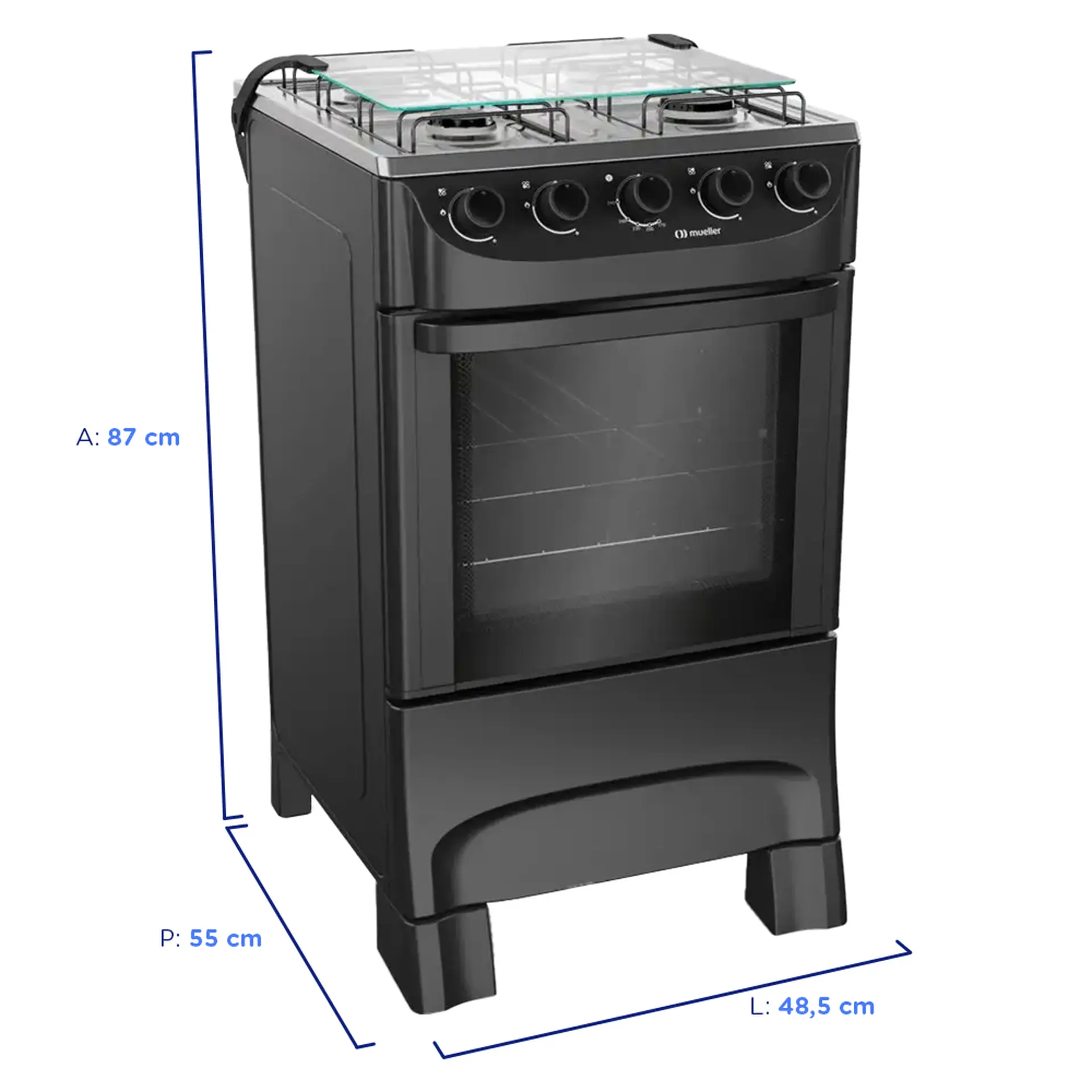 Fogão Mueller MFI4BA Acendimento Manual 4 Bocas Mesa Inox Forno 48,1L - Preto
