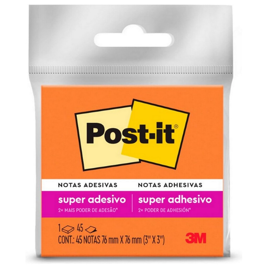 Bloco de Notas Adesivo 76x76mm com 1 Bloco de 45 Folhas Laranja Neon - Post-it - 3M - HB004399406