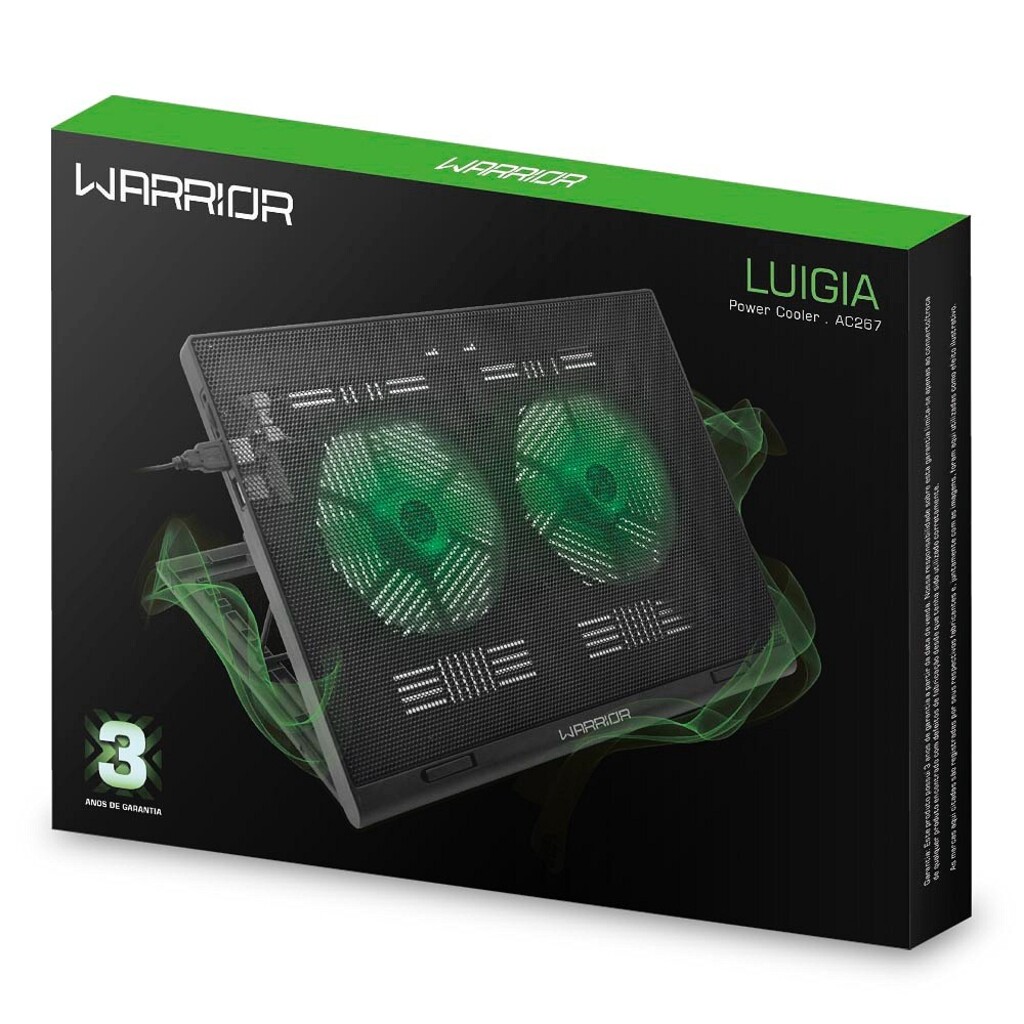 Base para Notebook até 17 Polegadas Preto Ergonômico com Led Verde 2 Cooler + 2 Porta USB Warrior - AC267