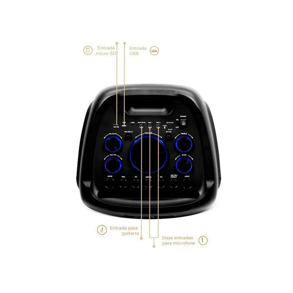 Caixa de Som Amplificada GT Evoke 1500 1500w Rms TWS, Bluetooth, USB, Cartão de memória, Rádio FM e Entrada Auxiliar Goldentec - 50247