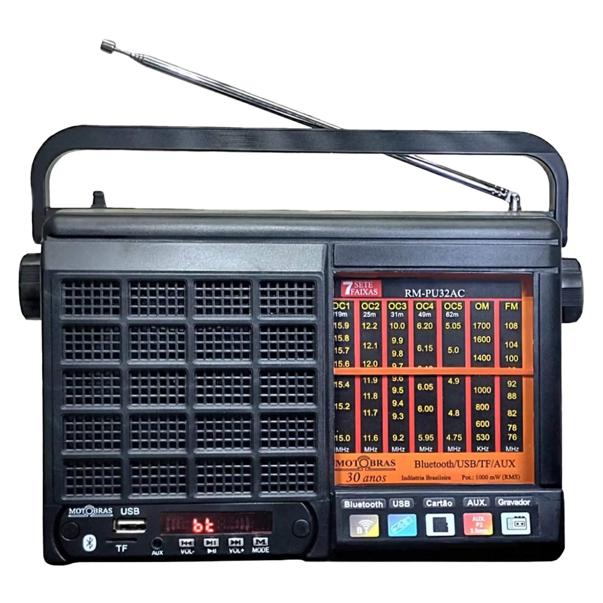 Rádio Portátil Motobrás RM-PU32AC 7 Faixas AM/FM/OC 1000mW Bluetooth