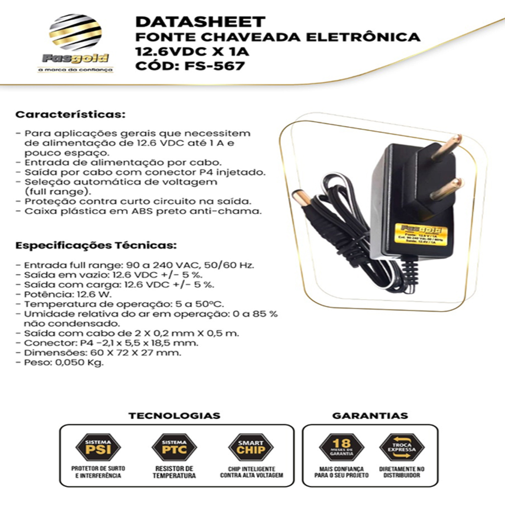Fonte Chaveada 12V 1A 12.6W Plug P4 Bivolt Fasgold - FS-567