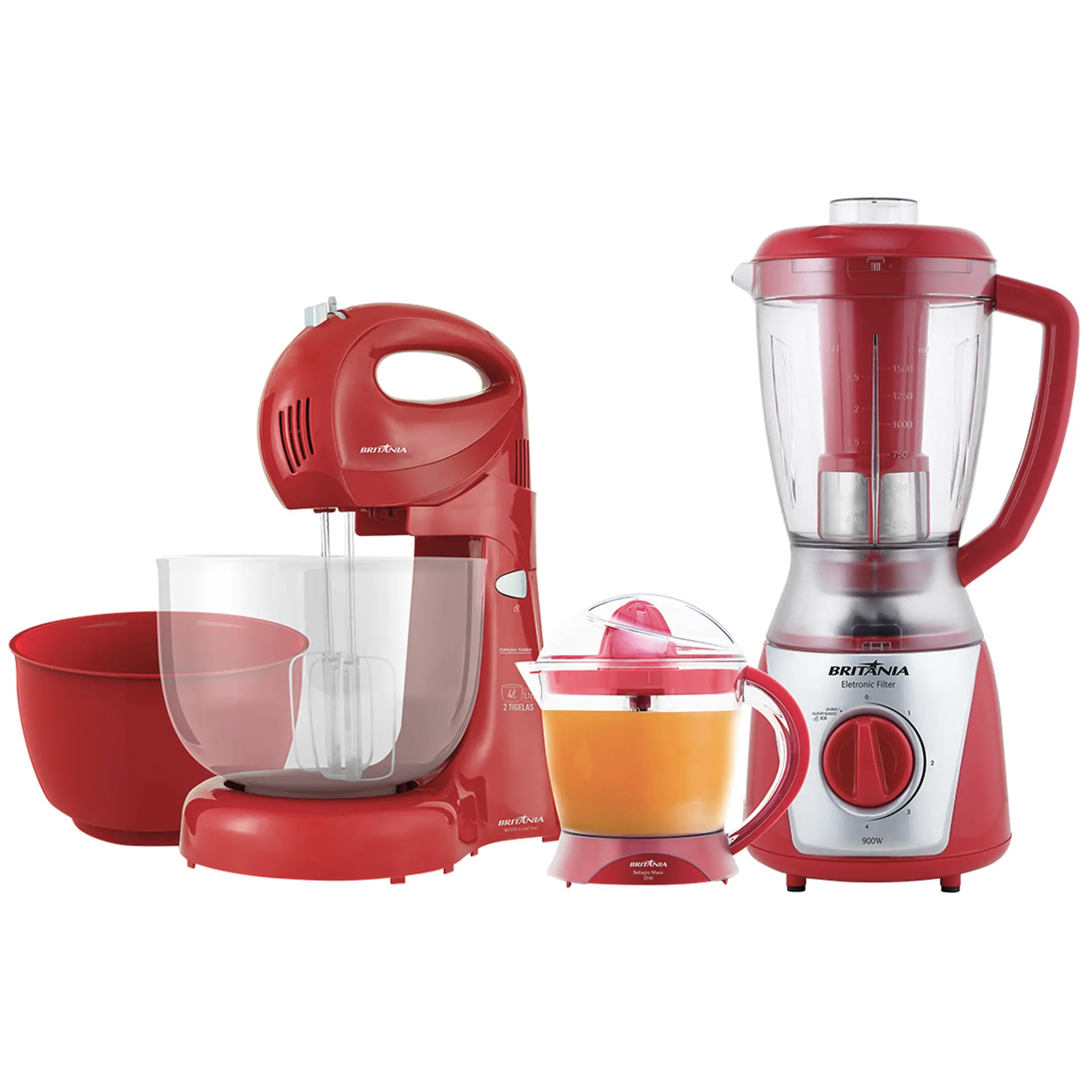 Kit 3 em 1 Britânia Batedeira + Liquidificador + Espremedor BKT07V - Vermelho - 220 Volts