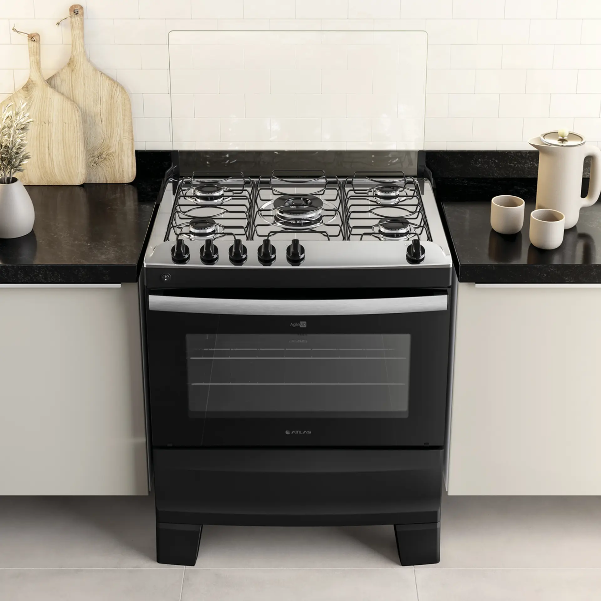 Fogão Atlas Agile Up 5 Bocas Automático Mesa de Inox Tripla Chama Forno 86,5L - Preto - Bivolt