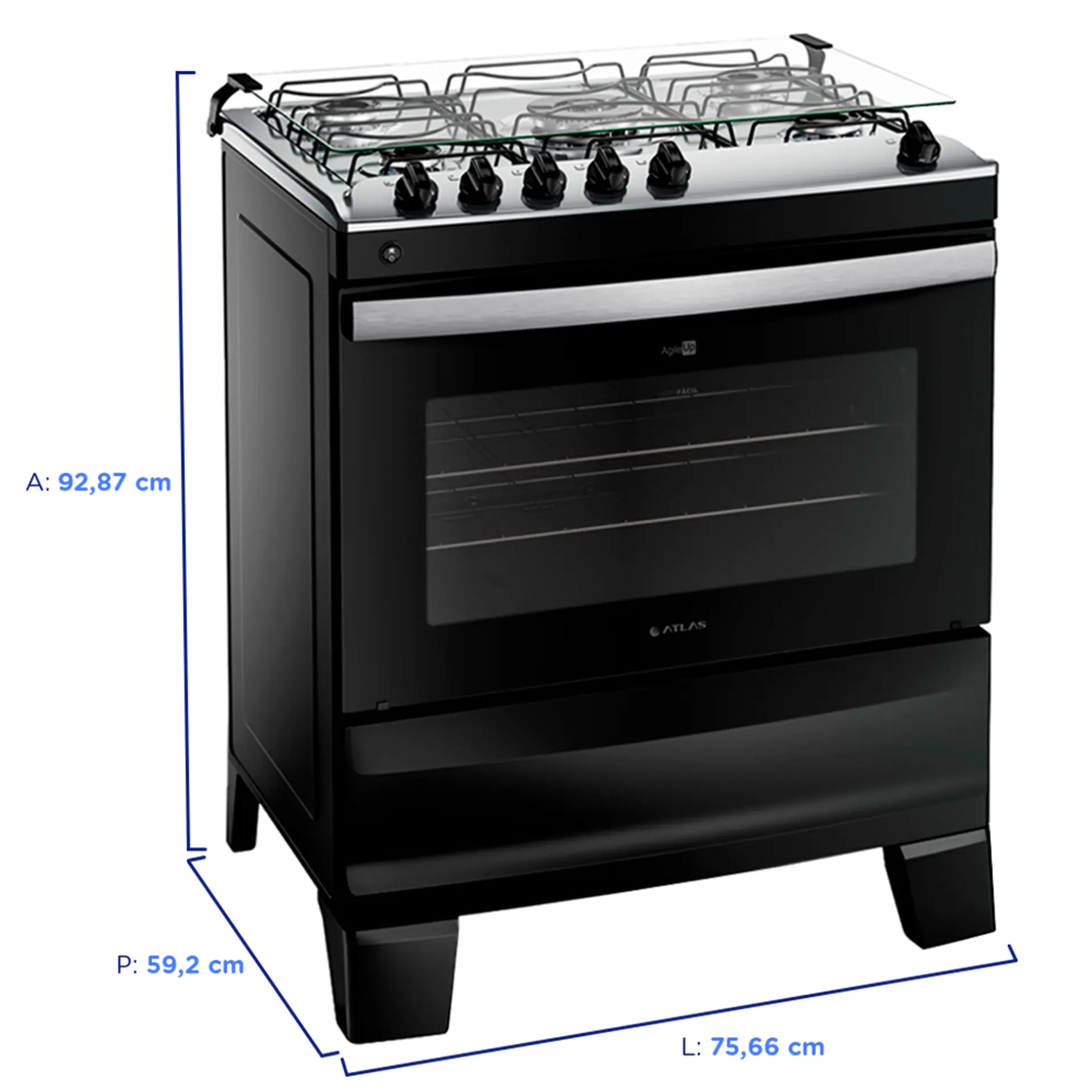 Fogão Atlas Agile Up 5 Bocas Automático Mesa de Inox Tripla Chama Forno 86,5L - Preto - Bivolt