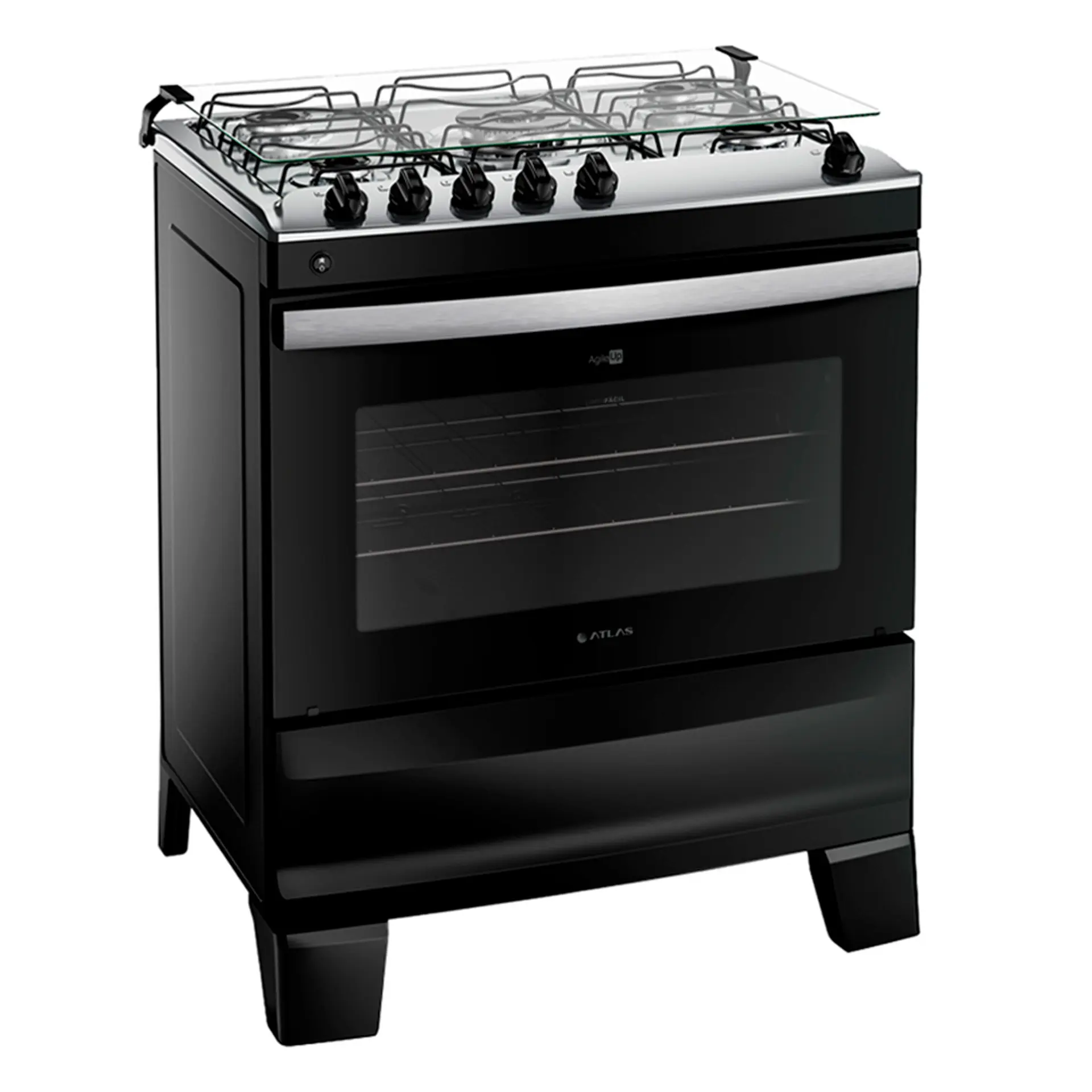 Fogão Atlas Agile Up 5 Bocas Automático Mesa de Inox Tripla Chama Forno 86,5L - Preto - Bivolt