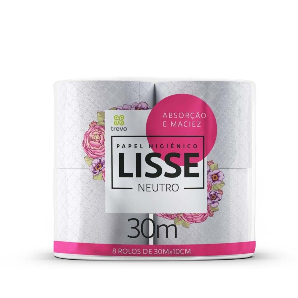 Papel Higiênico Branco Lisse Neutro 10cm x 30 Metros Folha Simples - 829 - Pacote com 8 Rolos