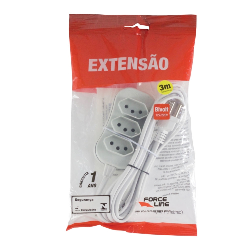 Cabo de Extensão 3 Tomadas Force Line 10A 3 Metros Tripolar Branco - 0180200250