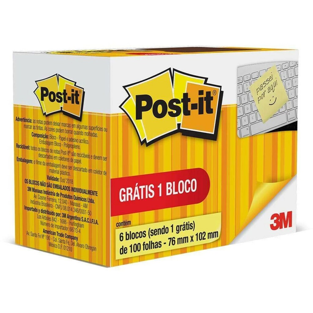 Bloco de Notas Adesivo 76x102mm Caixa com 6 Blocos de 100 Folhas Amarelo - Post-it - 3M - HB004088223