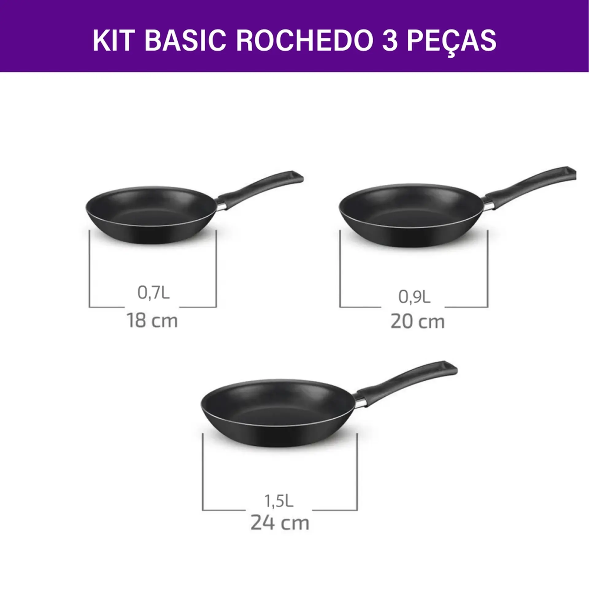 Jogo de Frigideira Rochedo Basic Antiaderente 3 Peças
