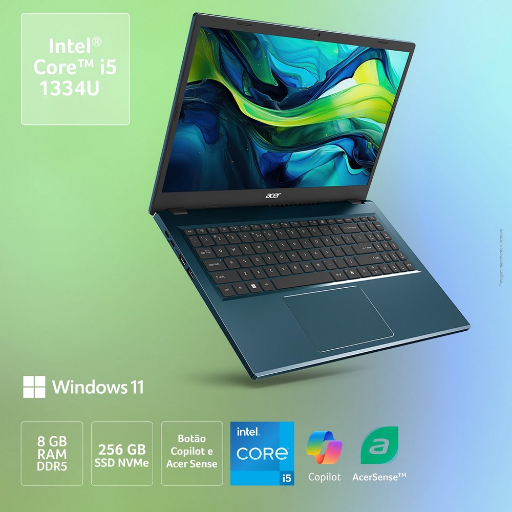 Notebook Acer AG1551P55LL Core i5 1334U 8GB DDR5 SSD 256GB Monitor 15,6  Windows 11 Home Webcam