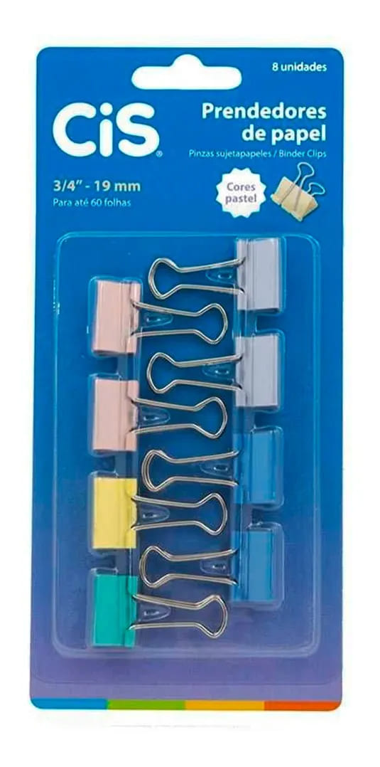 Prendedor de Papel CIS Pastel 19mm Bloco com 8 Unidades