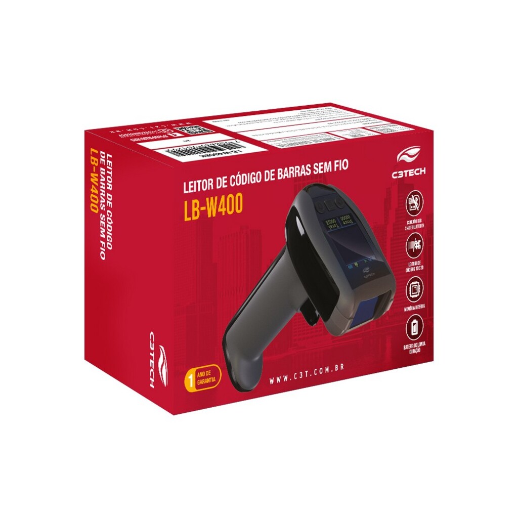 Leitor de Código de Barras Laser de Mão C3Tech LB-W400BK Sem Fio Bluetooth - Lê Nota Fiscal Boleto Bancário QR Code