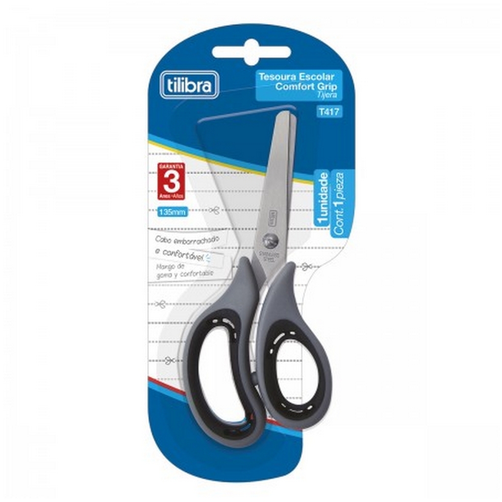 Tesoura Confort Grip Emborrachado Tilibra 13,5cm Cinza e Preto Unitário 314919