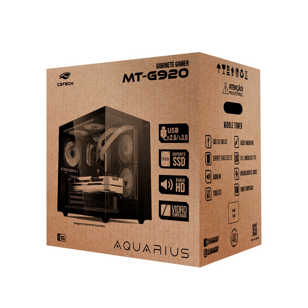 Gabinete Gamer C3tech Aquarius sem Cooler Fan e sem Fonte Lateral e Frente em Vidro Temperado Preto MTG920BK