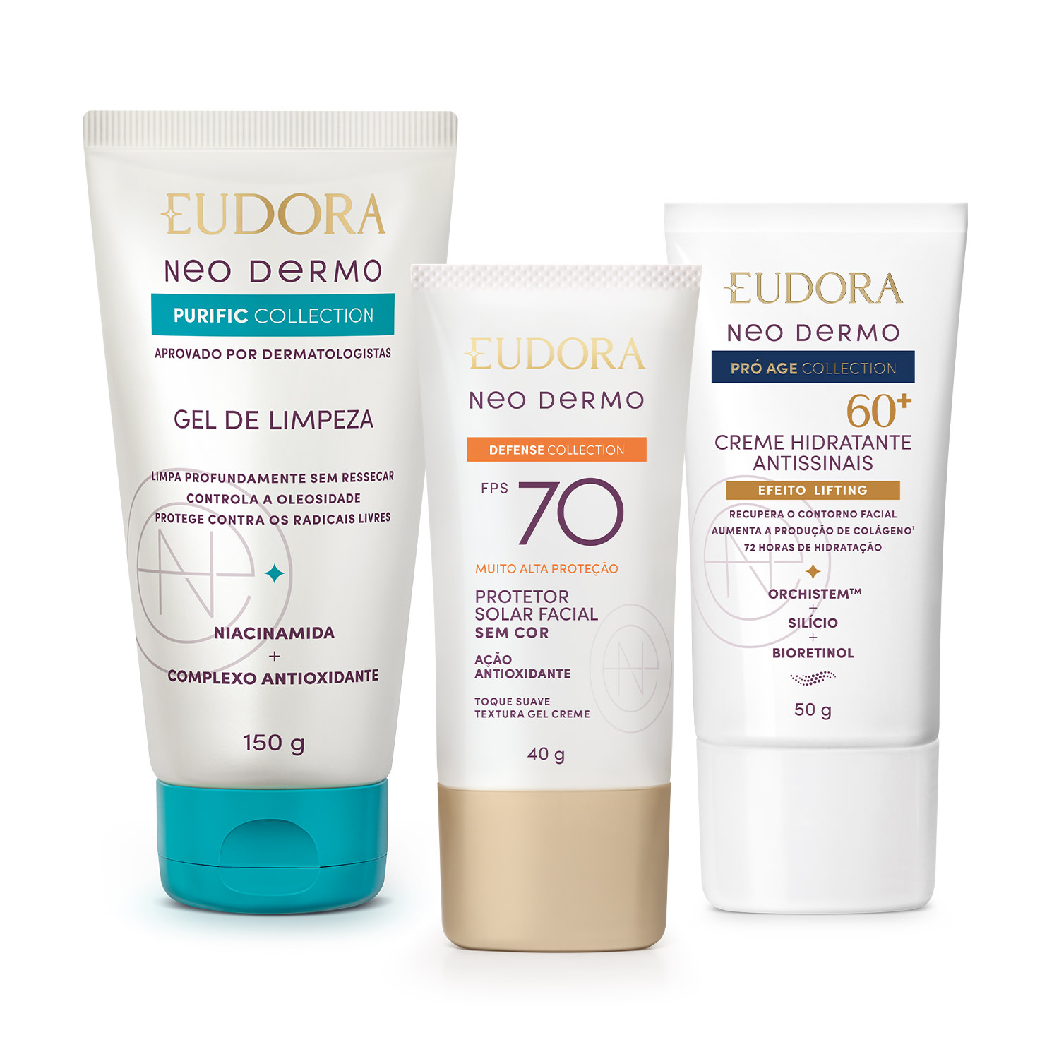 Combo Neo Dermo: Protetor Solar FPS 70 40g + Gel de Limpeza Facial 150g + Creme Facial 60+ 50g