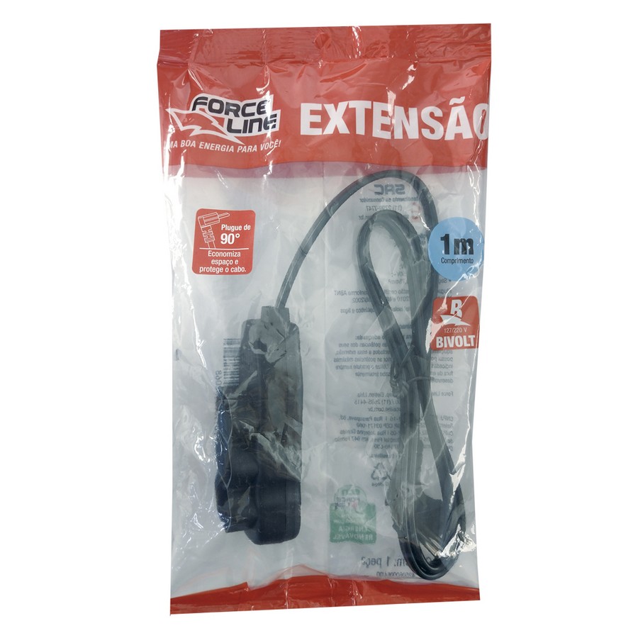 Cabo de Extensão 3 Tomadas Force Line 10A 1m Tripolar Plug 90 Preto 180200595