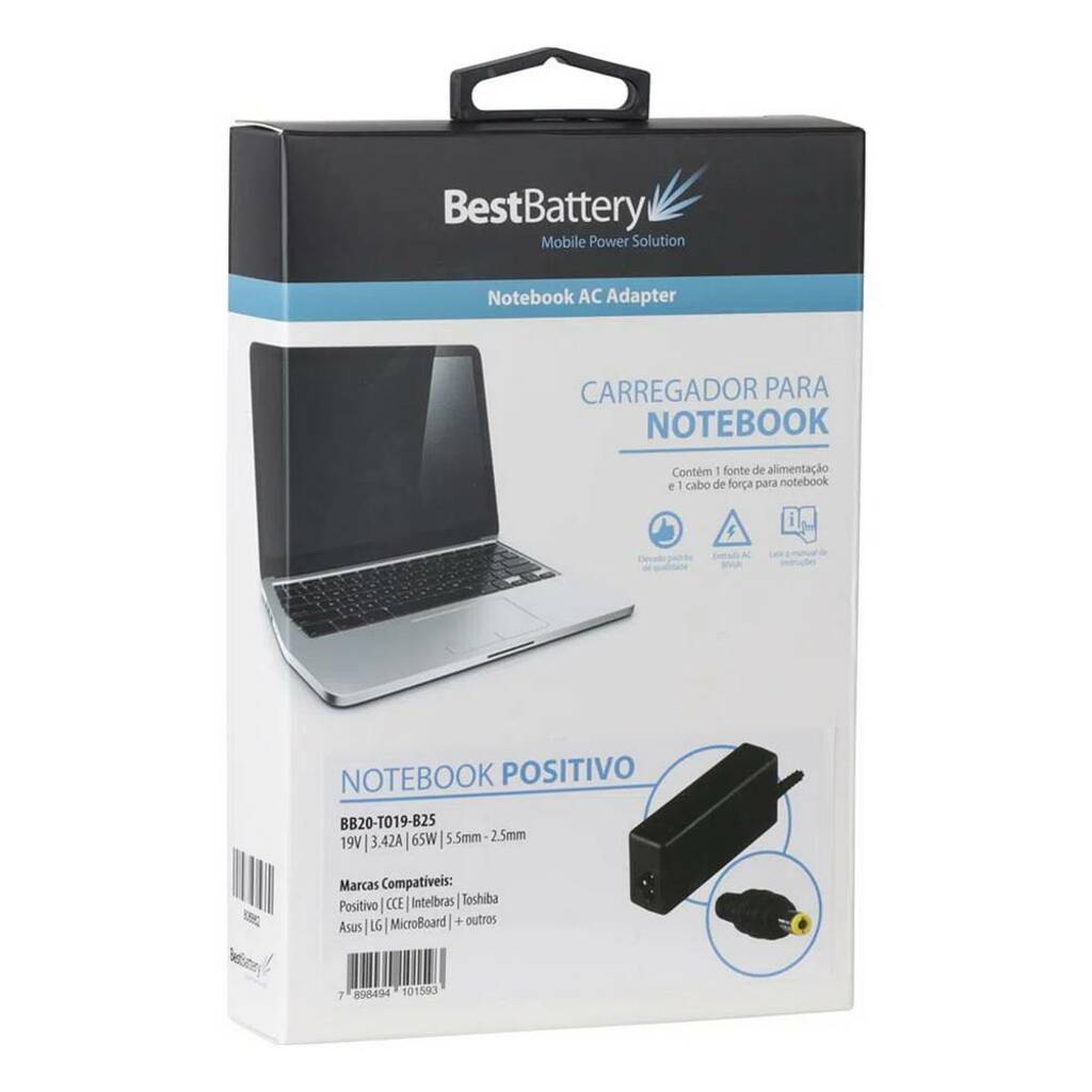 Fonte para Notebook Positivo 65W 19V 3,42A Bivolt 5,5X2,5mm BestBattery - BB20-TO19-B25