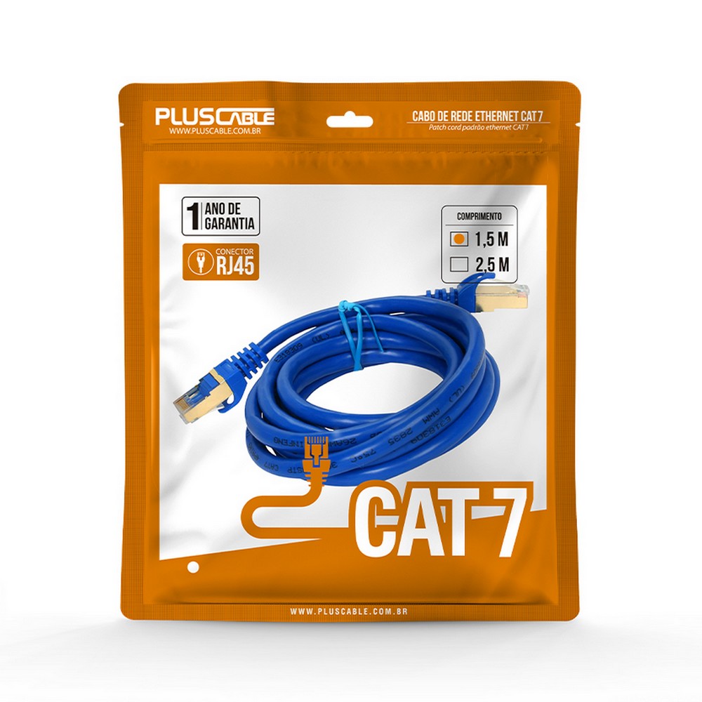 Cabo Patch Cord RJ45 Cat.7 FTP 600 MHz 10 Gbps 1,5m Azul Pluscable CAT715BL
