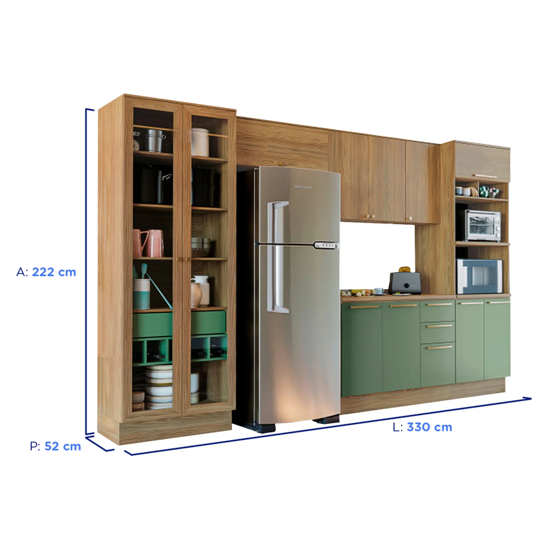 Cozinha Completa Modulada 5 Peças 11 Portas 4 Gavetas MDP Botanic Kappesberg - Nog. Fosco/Verde Oliva