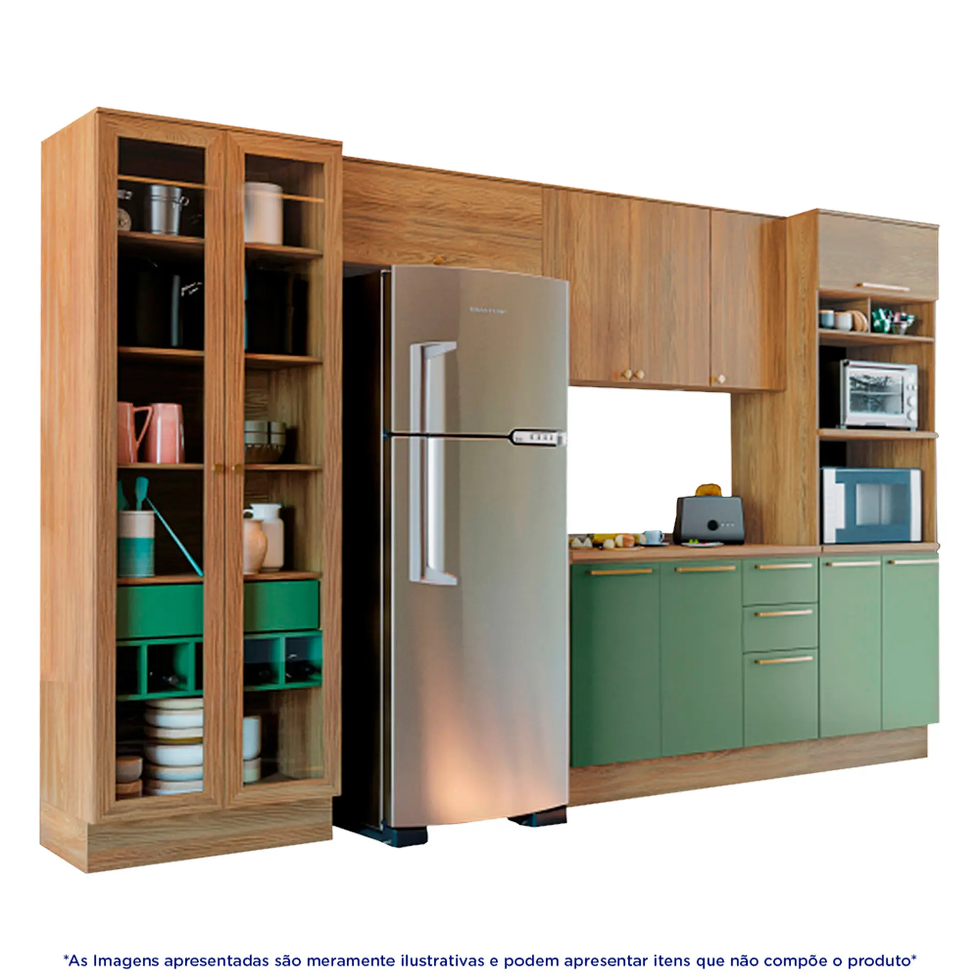 Cozinha Completa Modulada 5 Peças 11 Portas 4 Gavetas MDP Botanic Kappesberg - Nog. Fosco/Verde Oliva