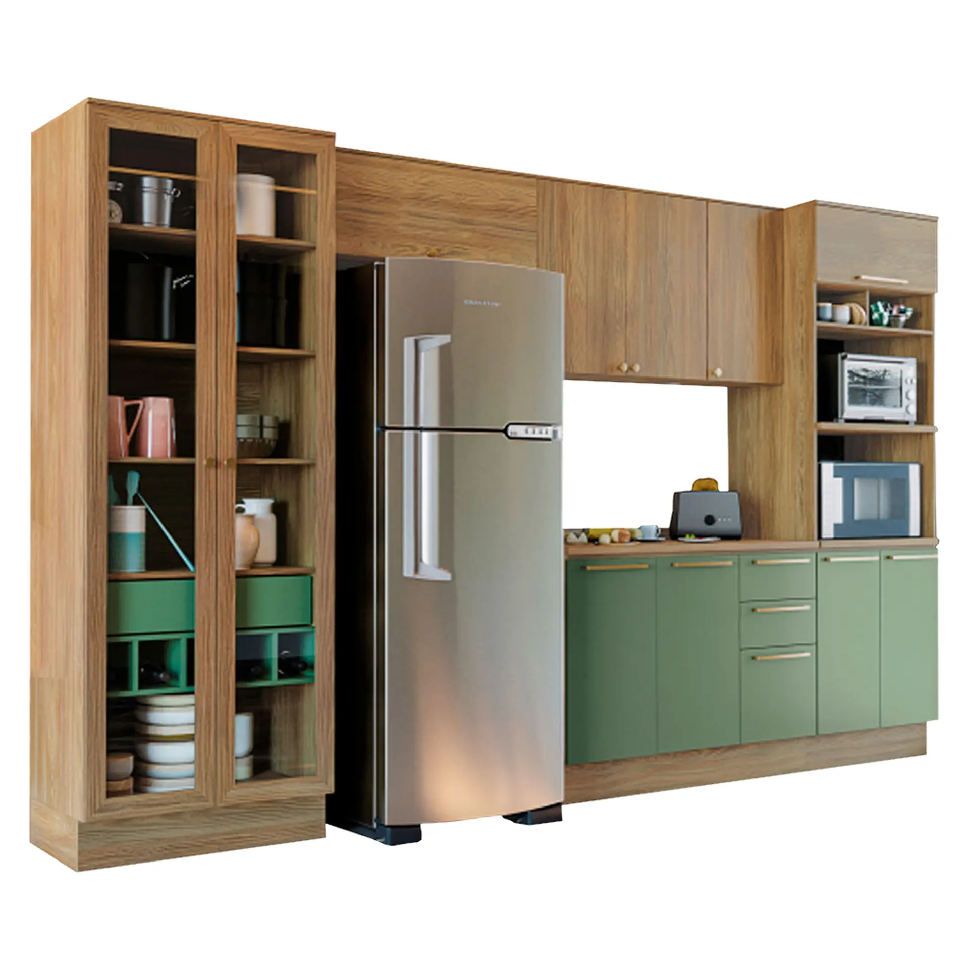 Cozinha Completa Modulada 5 Peças 11 Portas 4 Gavetas MDP Botanic Kappesberg - Nog. Fosco/Verde Oliva