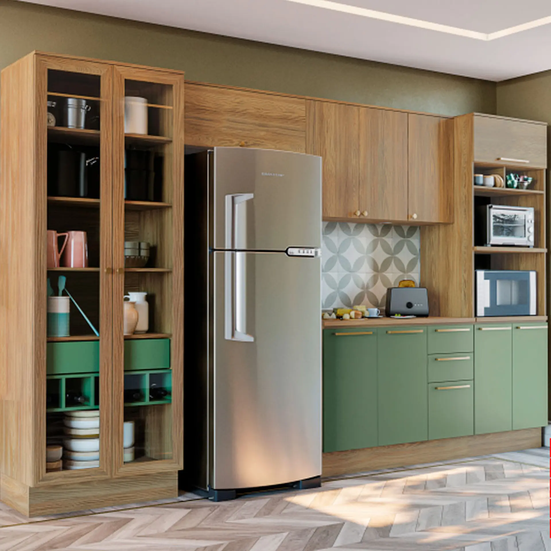 Cozinha Completa Modulada 5 Peças 11 Portas 4 Gavetas MDP Botanic Kappesberg - Nog. Fosco/Verde Oliva