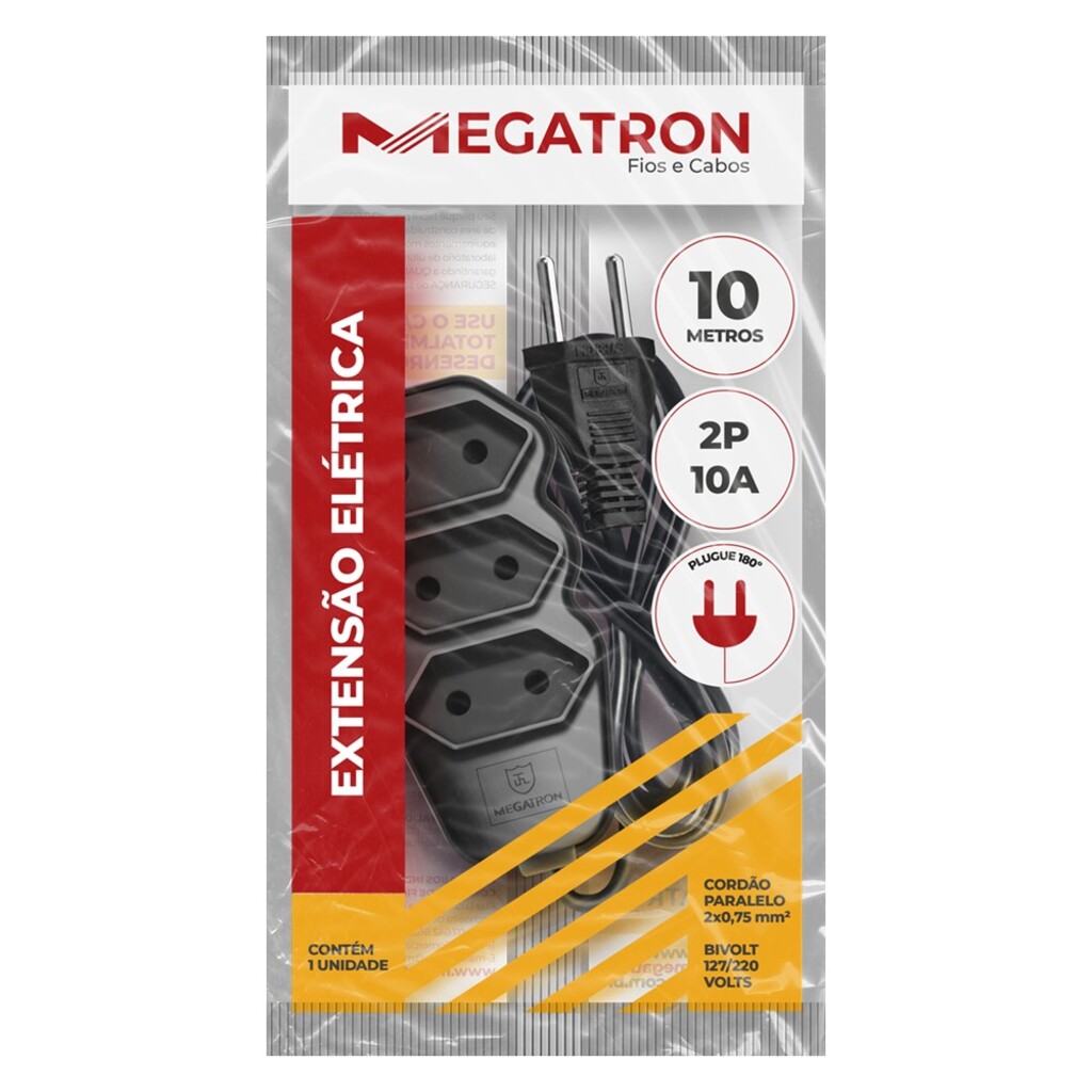 Cabo de Extensão 3 Tomadas Megatron 10A 10 Metros Bipolar Preto - 104