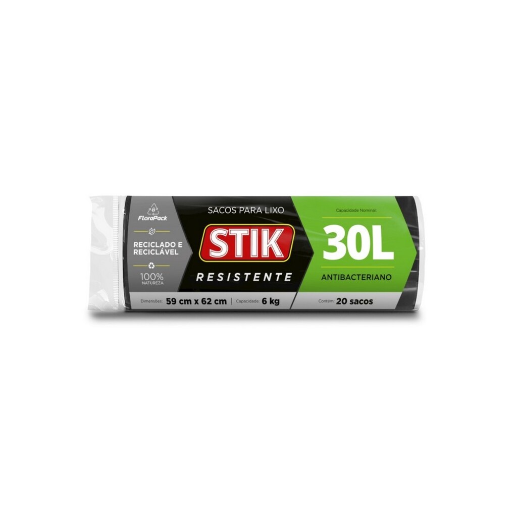 Saco de Lixo Preto 30 Litros 59x62cm Stik - 10121042 - Pacote 20 Unidades