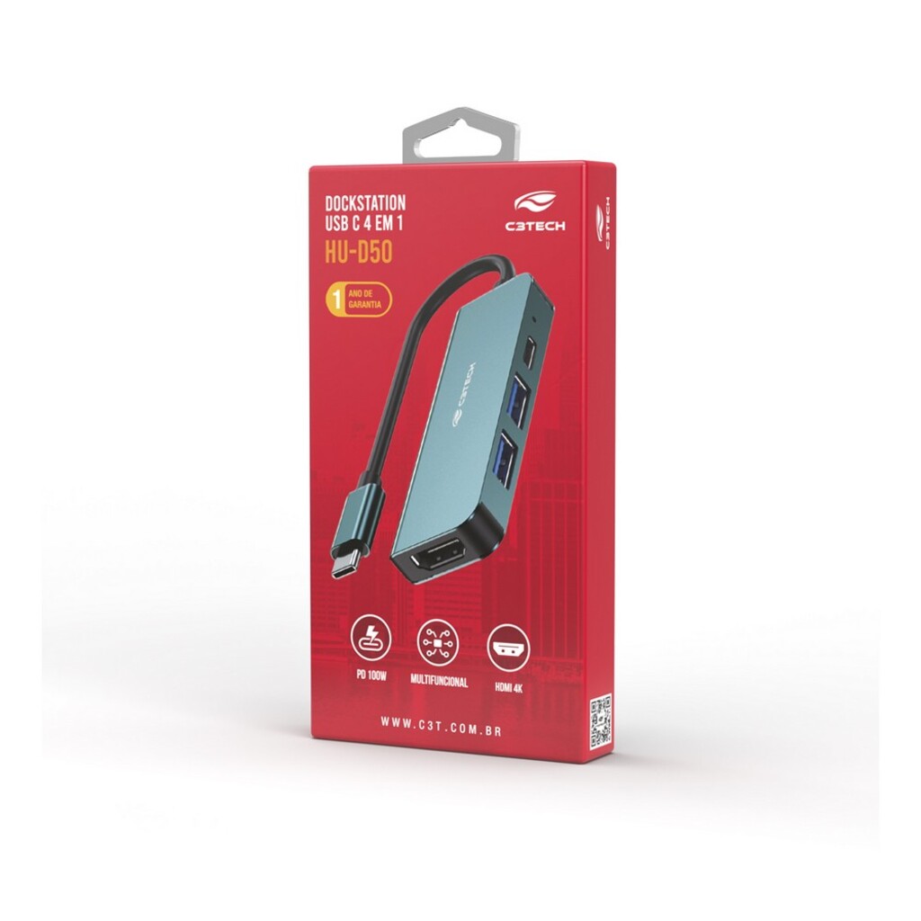 Hub Type-C 3.0 4 Portas com HDMI C3tech Prata - HU-D50GY